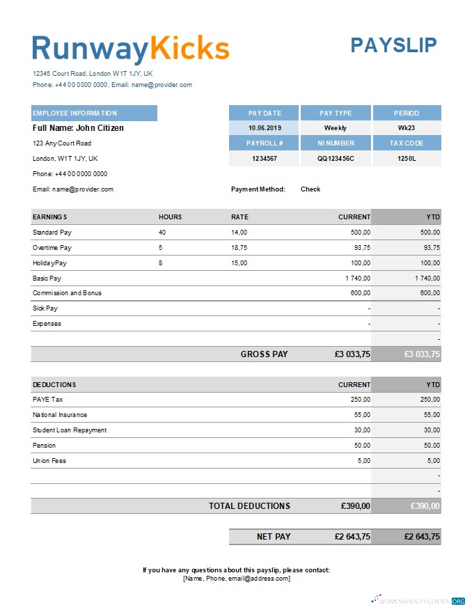 Download Runway Kicks company payslip template in Excel and PDF formats Photoshop template